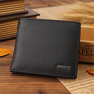 JINBAOLAI Top Layer Cowhide Leather Card Slots Bi-fold Wallet Coin Purse for Men - Black