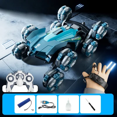 4DRC Y6 8WD Spray RC Car Model Remote Control Stunt Vehicle with LED Light, 2 Batteries - Blue