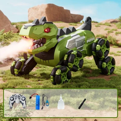 4DRC 4D-Y12 Dinosaur Shape 8 Wheels RC Car Spray Toy for Kids, Single Controller / Dual Battery - Green