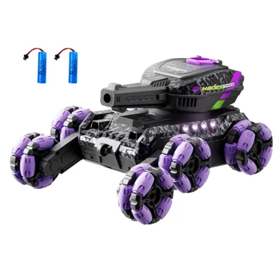 4DRC 4D-Y13 Lance-bombes à eau à double commande, tank radiocommandé à 6 roues motrices, jouet stunt pour enfants, avec 2 batteries - Violet
