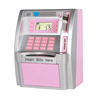 Children Piggy Bank Simulation ATM Machine Toy Banknote Automatic Rolling Saving Box (US Dollar Version) - Pink+Silver