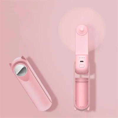 Ventilateur pliable portable rechargeable d'été mini à 3 vitesses avec miroir de maquillage - Rose