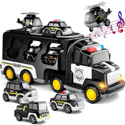 Kids Vehicles Cars Toy Gifts Set Toddlers Trucks Ambulances Helicopters (Dual Layers) - Black