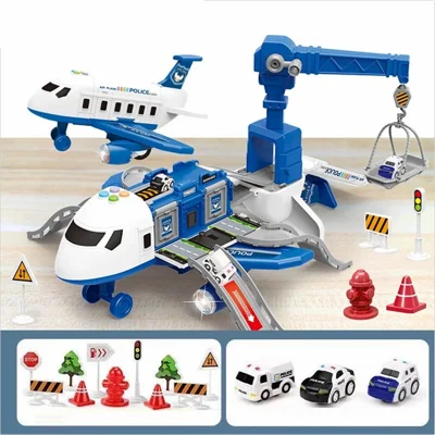 SJ676 Children Aircraft Toy Set with Alloy Car, Track, Airplane Model Toy (Size: M)- Blue