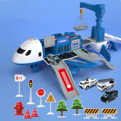 SJ670 Airplane Model Toy for Children Aircraft Toy Set with Alloy Car, Track, (Size: L) - Blue