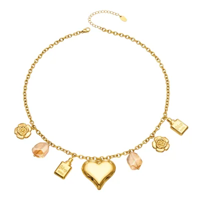 Multi Pendant Necklace 42+5cm Gold Plated Stainless Steel + Resin Heart Rose Perfume Bottle Charms for Daily Wear - Gold