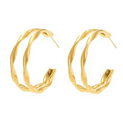 1 Pair Twisted Double Layer Hoop Earrings Stainless Steel Electroplated Earrings Jewelry for Women - F486/Gold