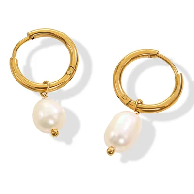 18K Gold Plated Small Hoop Pearl Earrings French Vintage Titanium Steel Geometric Drop Dangle Earrings