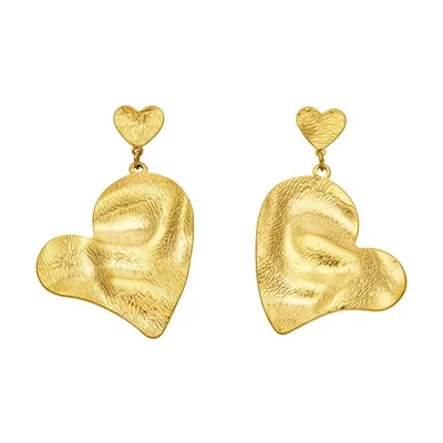 F732 1 Pair Hammered Heart Stud Earrings 316L Stainless Steel Waterproof Hypoallergenic Dangly Earring - Gold-Tone