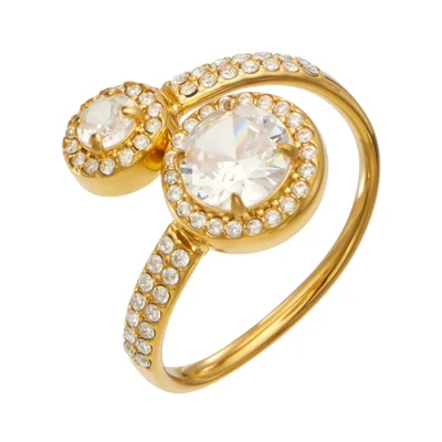 Size 7 Stainless Steel Double Spiral Open Ring Cubic Zirconia Pave Electroplated Adjustable for Daily Wear - Gold
