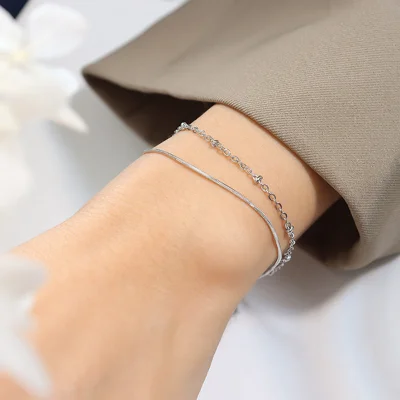 Double Layer Snake Chain Bracelet Titanium Steel 18K Gold Plated Adjustable Length Jewelry Gift - Steel