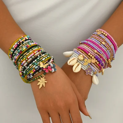 Bohemian Multi Layered Rice Bead Shell Butterfly Design Pendant Bracelets for Women Travel Souvenir Jewelry
