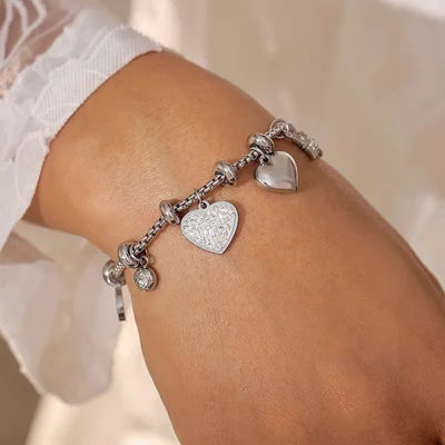 Titanium Steel Heart Rhinestone Inlaid Bracelet Luxury Chain Link Geometric Unisex Gift - E560/Steel Heart Bracelet
