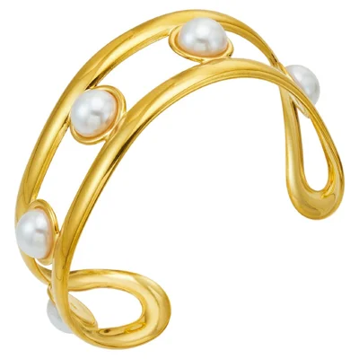 Open Cuff Bangle 316L Stainless Steel 18K Gold Plated Hollow Out Faux Pearl Bracelet for Women - Gold