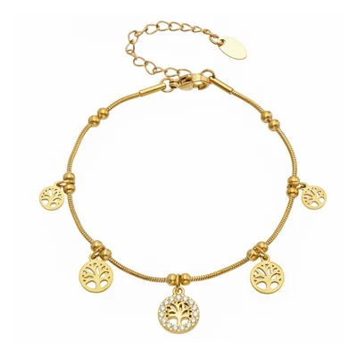 Tree of Life Charm Bracelet 316L Stainless Steel Zircon Pendant Snake Bone Chain Jewelry for Women - Gold