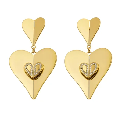 1 Pair Heart Pendant Earrings 316L Stainless Steel Zircon Inlaid Waterproof Drop Earrings for Party Dating - Gold