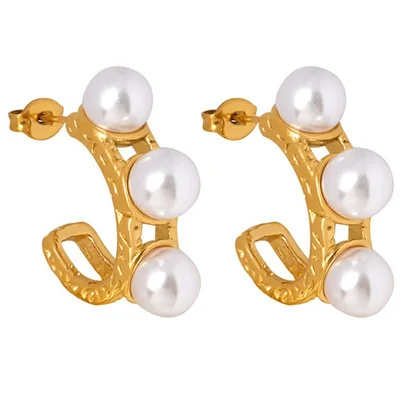 1 Pair Elegant C-Shaped Earrings Stainless Steel Imitation Pearl Hammered Texture Stud Earrings for Women - Gold
