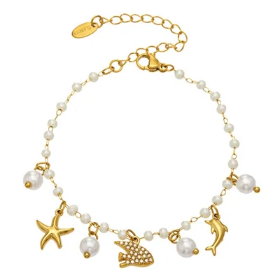 E461-A Stainless Steel Starfish Pendant Bracelet with Shell Pearl and Zircon Accents - Stingray