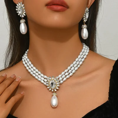 Women Pearl Necklace Earrings Set Geometric Multilayer Choker Crystal Inlaid Alloy Jewelry - XL5593
