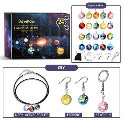 DOWMOO 24-teiliges DIY-Universum-Galaxie-Anhänger-Schmuckset Kalender-Geschenkbox Halskette Armband Ohrringe Accessoires - 1 Set
