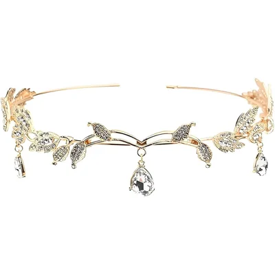 Water Drop Leaf Crystal Forehead Chain Jewelry Headband Design Headpiece Fairy Hair Accessories for Wedding Party - Gold