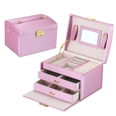 PU Leather 3-Tier Jewelry Storage Box Jewelry Display Organizer with Mirror -purple