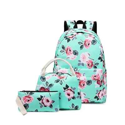 3Pcs Waterproof School Bags Flower Printing Student Backpack Bento Box Bag Clutch Bag Set - Green