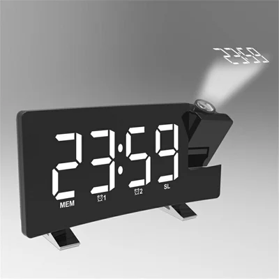 Projection Alarm Clock with FM Radio USB Charge LED Digital Dual Alarm Clock for Bedroom - White Letter