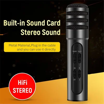 Professional Phone Condenser Microphone Recorder for Live Singing Recording - Black