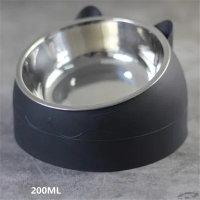 200ml Cat Dog Bowl Stainless Steel Tilted Cat Feeder Non-slip Base Pet Bowl - Black