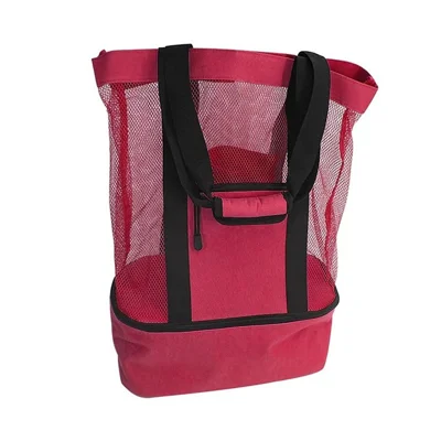 Insulated Cooler Bag Picnic Beach Tote Large Capacity Nylon Mesh for Outdoor Travel Camping - Pink