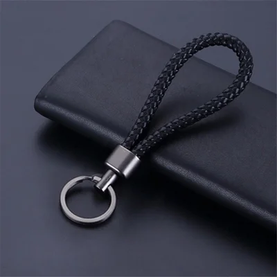 Woven Handmade PU Leather Keychain Men Women Car Key Ring - Black