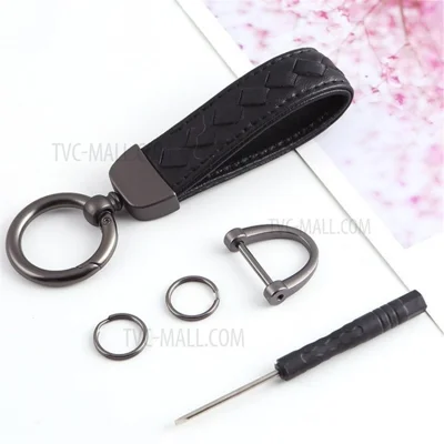 Key Chain Woven Lambskin Genuine Leather Keychain Detachable Car Key Ring - Black Strap/Black Ring