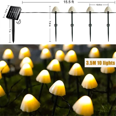 Outdoor Solar Garden Light LED Mushroom Fairy String Light Waterproof Pathway Solar Stake Mushroom Lamp - Yellow/3.5m 10-LED