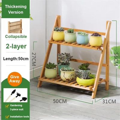 NZZDHJ-13 Potted Plant Stand Bamboo Rack Flower Pot Holder Planter Display Shelf - 2-Layer / 50cm Length
