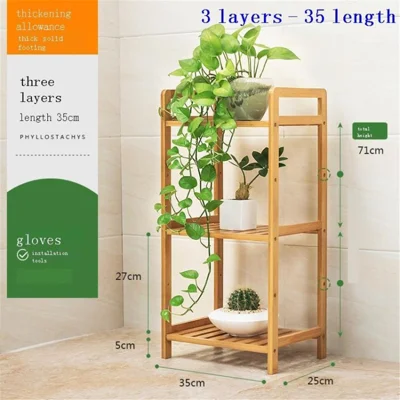 WNSNJ-01 Bamboo Plant Stand Flower Pot Holder Shelf Rack for Garden Balcony Living Room - 3-Layer / 35cm Length