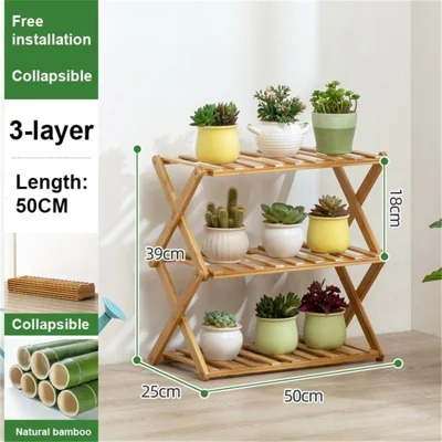 148MAZZWJ-01 Bamboo Plant Stand Multiple Flowerpot Holder Rack Planter Display Shelf - 3-Layer / Wood Color / 50cm Length