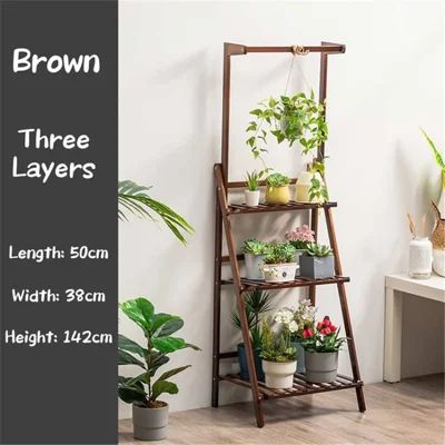ZDHJDL-13 Bamboo Hanging Plant Stand Planter Flower Pot Organizer Rack Folding Display Shelving Plants Shelf - 3-Layer / 50cm Length