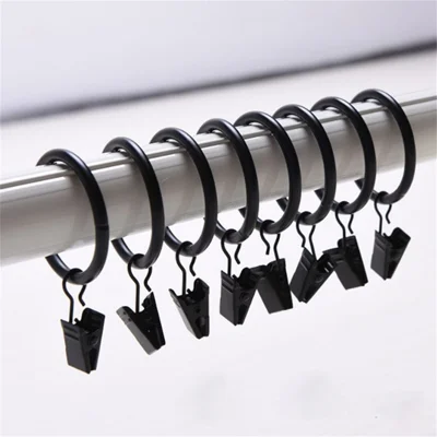 10Pcs Shower Curtain Rings with Clips Heavy-Duty Curtain Sliding Ring Hook Rustproof Curtain Clamp - Black/25mm diameter