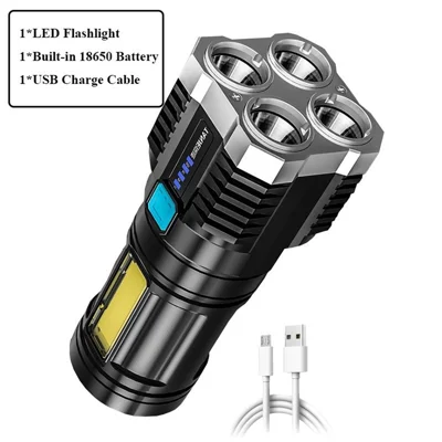 High Power LED Flashlight USB Rechargeable Outdoor Camping Ultra Bright Torch - Black