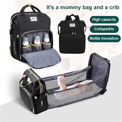 Waterproof Mummy Bag Folding Baby Crib Large Capacity Maternity Bag Baby Bed Backpack - Black