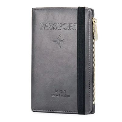PU Leather RFID Blocking Credit Card Holder Travel Passport Zipper Wallet Case with Elastic Band - Dark Grey
