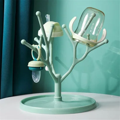 Baby Bottle Drying Rack Deer Horn Shape Detachable Drain Holder with Water Tray for Home Travel (NO FDA, BPA-Free) - Green