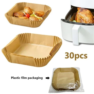 Air Fryer Disposable Paper Liners Square Parchment Non-Stick Cooking Liner (FDA Certification) - Brown/30Pcs
