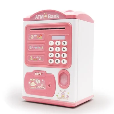 Piggy Bank Toy Electronic Mini ATM Savings Machine with Personal Password and Fingerprint Unlocking Simulation Kids Safe Box - Pink