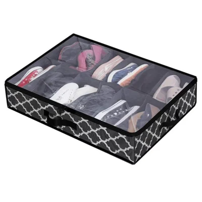 Transparent Foldable Under Bed Shoes Storage Bag Closet Storage Box - Black Print