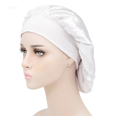 Breathable Head Wrap Satin Night Cap Women Hair Protection Hat Beanie Cap - White