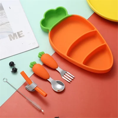 Cute Silicone Toddler Plate Bib Baby Stainless Steel Spoon and Fork Set (without FDA Certification, BPA Free)