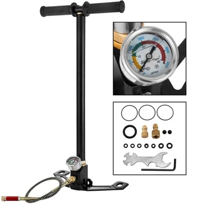 6000PSI High-Pressure Hand Air Pump 3 Stages Airgun PCP Stirrup Pump Bike Bicycle Tire Inflator with Gauge - Black