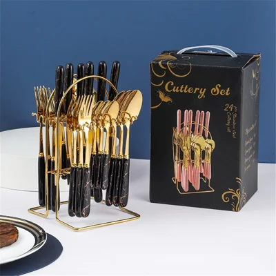 24Pcs Ceramic Tableware Set Fork Steak Knife Spoon Utensils Flatware Dinnerware Kit (NO FDA Certificate) - Black / Gold Edge